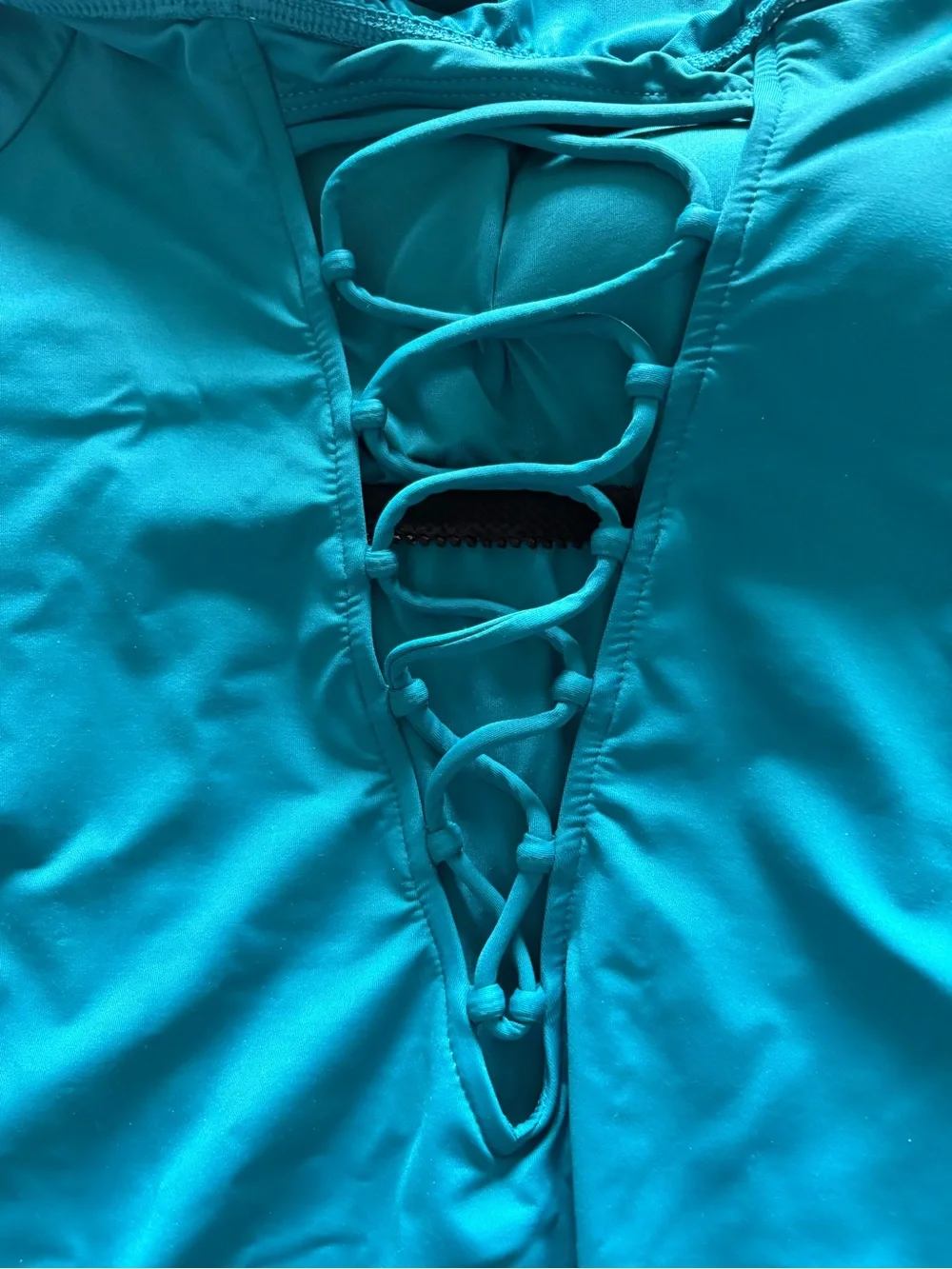 La Blanca Off The Shoulder Ruffle One Piece Swimsuit Teal Ruched Corset Back 8 - Picture 6 of 8